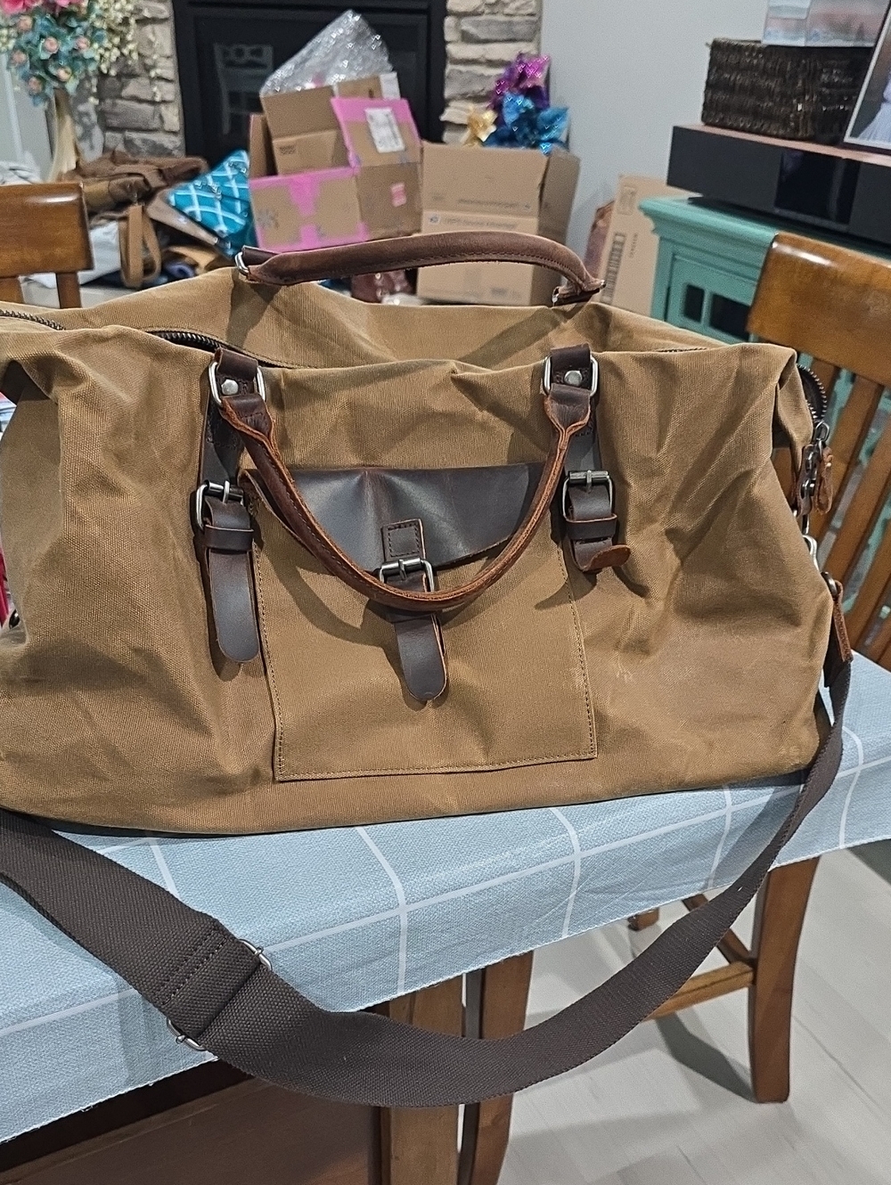 Newhey Brown Canvas Weekender Duffel Bag with Leather Trim